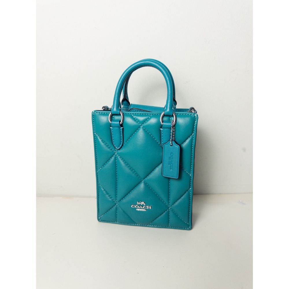 Coach C3211 Quilted Leather Mini North South Tote Teal Crossbody Handbag Bag